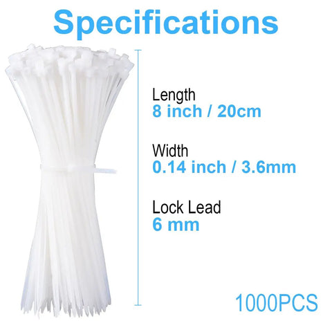 8 Inch White Zip Ties 1000 Pack Heavy Duty Nylon Cable Ties Self Locking UV Resistant 40 Lbs For Wreath Crafts DIY Decor
