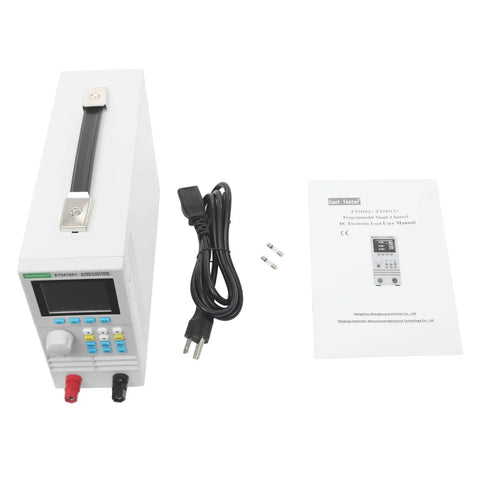 Programmable DC Electronic Load Battery Tester Pro Grade Single Channel 400W 40A 150V For Battery Capacity And Discharge Testing Built Tough With Aluminum Case And PCB Build, white unit with power cord and manual