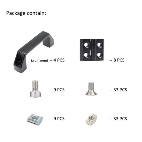 2020 Aluminum Extrusion T Slot Hardware Kit With Pivot Hinges And Handle Set, showing included 4 handles and 8 hinges, DIY ready