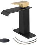 Matte Black Bathroom Faucet With Modern Waterfall Design, Single Hole Sink Faucet, pop up drain, and flexible supply hoses