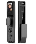 3D Fingerprint Smart Door Lock With Built In Camera And Phone App Control, sleek black design with keypad and display.