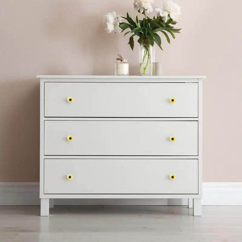 Snag Up These Fresh Transparent Round Cabinet Knobs, Tight 1.37 Inch Single Hole Drawer Pulls For Dresser Doors And Kitchen Cabinets, Killer Sunflower Pattern, Clean Home Upgrade, Four Pack on white dresser.