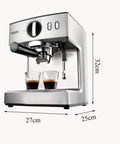 Front view of Barista-Grade Smart Home Espresso Machine With Milk Frother And No-Fuss One Button Operation 1100W Semi Automatic Coffee Maker 15 Bar Pressure 2L Water Tank Anti-Drip Detachable Tank Silver, showing dimensions 27x25x32 cm.
