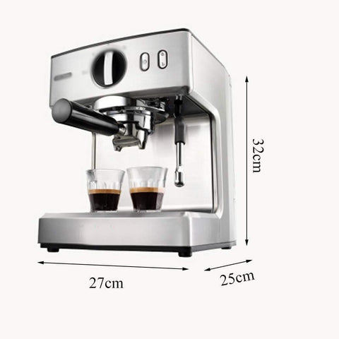 Front view of Dope Smart Home Espresso Machine With 15 Bar Extraction, 2L Water Tank, One Button Operation, Silver.