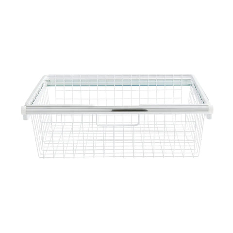 Front view of Sliding Basket For Closet Organization, White, Sturdy Pull Out Wire Drawer, perfect for closets and storage systems.