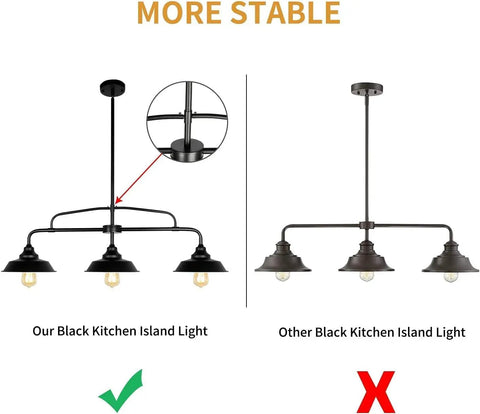 Comparison of Dope Industrial Farmhouse Black Pendant Light Fixture with three lights and another black kitchen island light.