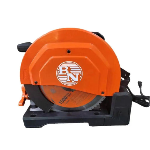 Side view of 5 Inch Cutting Edge Chop Saw With 14 Inch Blade For Burr Free Cutting And Low Vibration Lock And Cut Clamp on base.