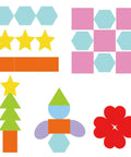 Color Coded Shape Pattern Play Cards Set For Fun Hands On Math And Craft Activities With Eight Geometric Patterns One Hundred Twenty Cutouts Three Point Nine Inch Cards For Classroom Or Home Learning showing star, hexagon, and flower designs.