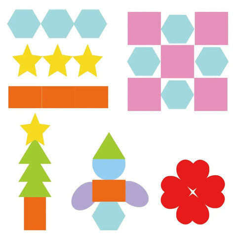 Color Coded Shape Pattern Play Cards Set For Fun Hands On Math And Craft Activities With Eight Geometric Patterns One Hundred Twenty Cutouts Three Point Nine Inch Cards For Classroom Or Home Learning showing star, hexagon, and flower designs.