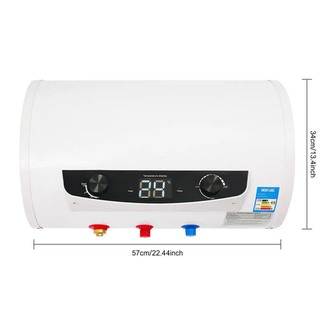 Instant On Demand Electric Water Heater With Dial In Thermostat And Led Display wall mounted under sink, white design with temperature control.