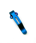 Level Up Your EDC Game With This Badass Deep Carry Pocket Clip And Titanium Pivot Screws Thumb Studs Upgrade Kit For Benchmade 535 Bailout Custom Blue Mod. Blue titanium deep carry pocket clip viewed from the side.