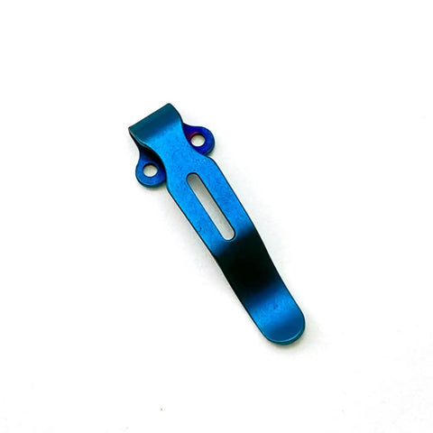 Level Up Your EDC Game With This Badass Deep Carry Pocket Clip And Titanium Pivot Screws Thumb Studs Upgrade Kit For Benchmade 535 Bailout Custom Blue Mod. Blue titanium deep carry pocket clip viewed from the side.