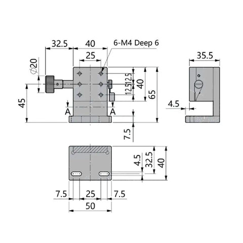 Manual Adjustable Lifting Stage 40x40mm With XY Axis Rotation Positioning technical drawing, gear driven precision movement
