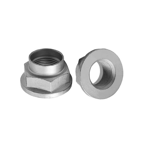 M22x1.5 Axle Nut Driveshaft Spindle Nuts Bolt On Fit For Ford Edge Escape Fiesta Fusion Focus Maverick Mustang Lincoln Hyundai Elantra Kia Honda Acura Mazda And More Vehicles 2 Pack, showing two metal nuts front and side view