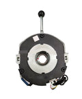 Electromagnetic clutch/brake unit with round black housing, metal center bore, and wiring