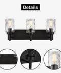 Three Light Modern Vanity Wall Sconce In Black With Hammered Glass Shades For Dope Bathroom Lighting Mirror Cabinets Powder Room Dressing Table Farmhouse Vibe