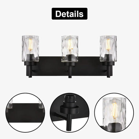 Three Light Modern Vanity Wall Sconce In Black With Hammered Glass Shades For Dope Bathroom Lighting Mirror Cabinets Powder Room Dressing Table Farmhouse Vibe