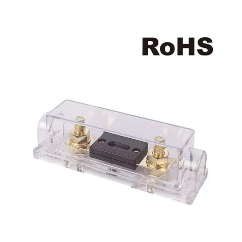 Rock Solid Sixty Amp Anl Fuse Kit With Holder, clear cover, gold terminals for secure electrical setup.