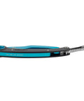 Collapsible Grapple Work Positioning Tool For Canopy Access, aluminum and stainless steel, black and teal, side view with polyester tether