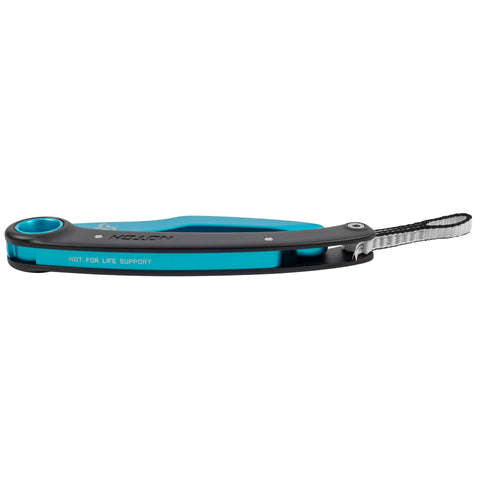 Collapsible Grapple Work Positioning Tool For Canopy Access, aluminum and stainless steel, black and teal, side view with polyester tether