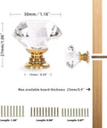 10 Pack Diamond Crystal Glass Cabinet Knobs Gold 30Mm Pull Handles For Cabinets, Drawers, Dressers, Bookcases, Wardrobes Includes 22Mm, 25Mm, And 35Mm Screws For Quick, Easy Mounting. 30mm gold crystal knob with screw and board thickness guide