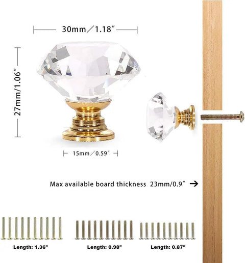 10 Pack Diamond Crystal Glass Cabinet Knobs Gold 30Mm Pull Handles For Cabinets, Drawers, Dressers, Bookcases, Wardrobes Includes 22Mm, 25Mm, And 35Mm Screws For Quick, Easy Mounting. 30mm gold crystal knob with screw and board thickness guide