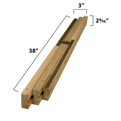 Slick 38 Inch Equalizer Wooden Table Extension Slides with dimensions, suitable for pedestal tables and easy assembly.
