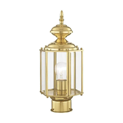 Outdoor Post Lantern 2117-02 with clear beveled glass shades in polished brass, traditional solid brass exterior fixture for lighting.