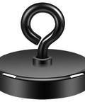 Front view of a black 2-inch neodymium fishing magnet with eyebolt and round base.