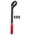 Front view camshaft pulley holder tool with adjustable opening; steel, black body, red grip, four fittings.