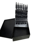 Open case of TurboStep TS29 Onyx 29 Piece HSS Reduced Shank Drill Bit Set for hard alloys and sheet metal, showing spiral-fluted bits.