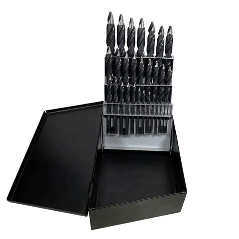 Open case of TurboStep TS29 Onyx 29 Piece HSS Reduced Shank Drill Bit Set for hard alloys and sheet metal, showing spiral-fluted bits.