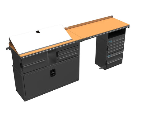 Top Shelf Workhorse Gray Steel Workbench Module For Tight Garages And Active Job Sites Compact Industrial Workstation with storage drawers.