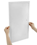 Hands holding a Heavy Duty Aluminum Access Panel featuring a slick flush concealed hinge, size 11.9 x 23.9 inches.