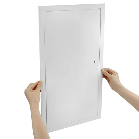 Hands holding a Heavy Duty Aluminum Access Panel featuring a slick flush concealed hinge, size 11.9 x 23.9 inches.