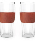 Level Up Your Chill Game With These Freezable Pint Glasses Double Walled Insulated Tumblers That Keep Beer And Iced Coffee Straight Frosty Built To Last Set Of Two Wooden Handles, transparent design with wooden sleeve.