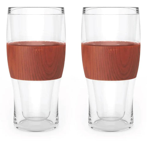 Level Up Your Chill Game With These Freezable Pint Glasses Double Walled Insulated Tumblers That Keep Beer And Iced Coffee Straight Frosty Built To Last Set Of Two Wooden Handles, transparent design with wooden sleeve.
