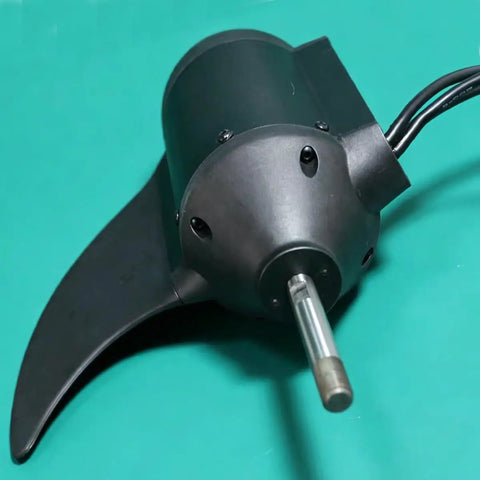 Close-up of Underwater Thruster 24V To 48V 2500W Beast Mode Brushless Motor Kit for kayaks and RC boats, black propeller.