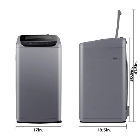 Front view of Comfee portable washing machine, gray, 0.9 cu ft, LED display and control panel.
Side view of Comfee portable washing machine, gray, 0.9 cu ft, drain hose visible.