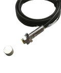 M8 magnetic switch sensor with threaded stainless steel body and attached black cable; includes round silver magnet.