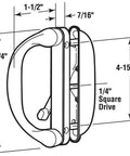 Diagram of a white diecast outside patio door pull with latch for sliding doors, 4 15 16 inch center mounting holes, side view.
