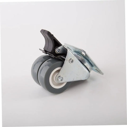 Heavy Duty Twin Wheel Swivel Casters With Locking Brake For Industrial Carts And Workbenches Bulletproof Steel Build, gray rubber wheels.