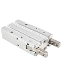 Side view of silver aluminum pneumatic finger cylinder HFY6 with dual gripping fingers and mounting holes