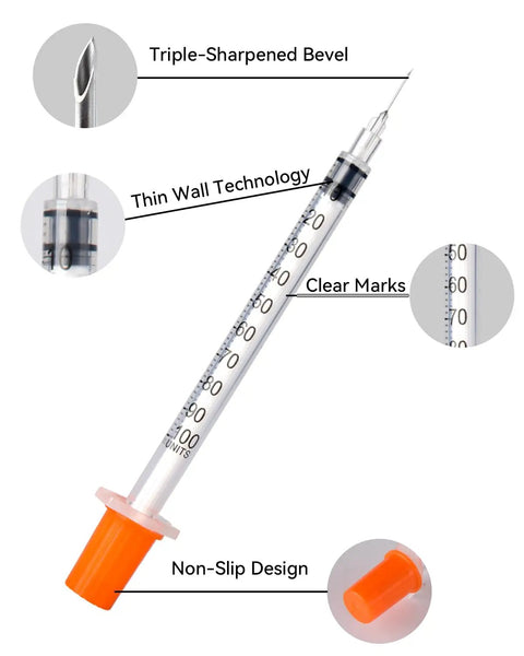 Disposable Syringe 30G 1ml U-100, 5/16 Inch 8mm, features labels for bevel, clear marks, non-slip design, thin wall technology