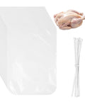 150 Piece Poultry Shrink Bag Kit With Heavy Duty Zip Ties, 13X18 Inch Clear Heat Seal Wrap, Freezer Safe Food Grade Pouches and chicken.