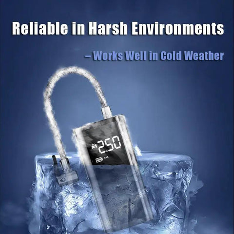 Heavy Duty Portable Tire Inflator And Digital Air Compressor With 150 Psi Gauge LED work light on ice showing cold weather reliability.