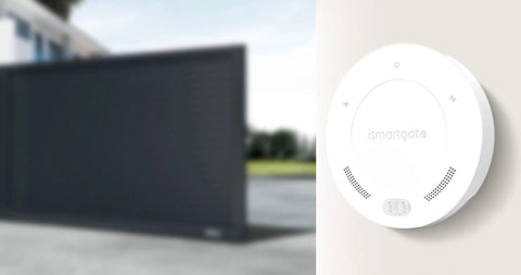 Mini Smart Gate Opener Kit with WiFi Remote Control and Alexa Google Home compatibility, shown on a wall next to a gate.