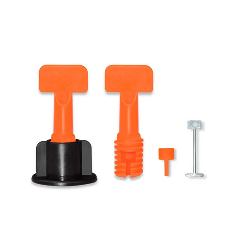 Tile Leveling System Kit 1/16 Inch Reusable for DIY and Pros with 200 Levelers details, showing two levelers, pin, and wrench.