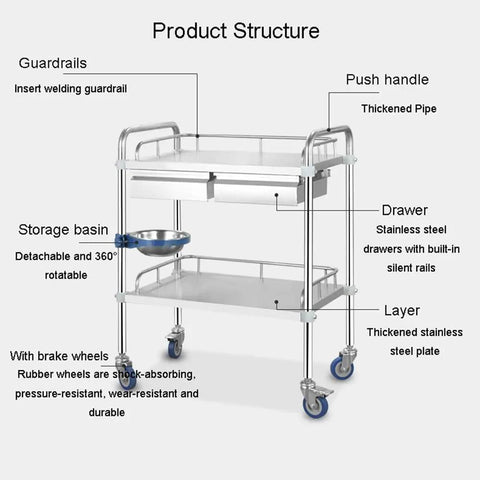 Stainless Steel Medical Trolley With Drawer, 3 Tier Lab Cart For Hospital And Clinic Use, Heavy Duty, Rust Resistant, 60 x 40 x 86 cm