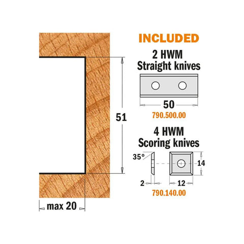 Pro Shop Essential 4 Inch Rabbeting Cutter Head Includes 2 HWM Straight Knives and 4 HWM Scoring Knives for spindle moulders.